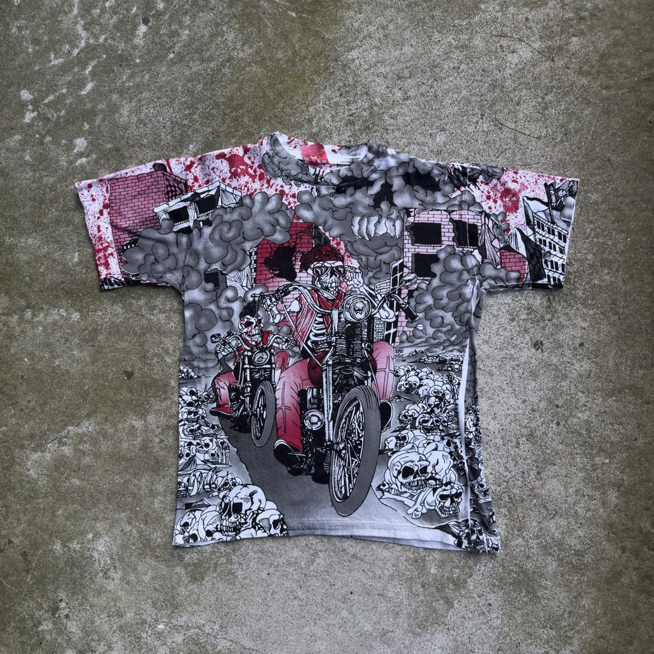 1990S SKELETON BIKER FLAME ALL OVER PRINT TEE