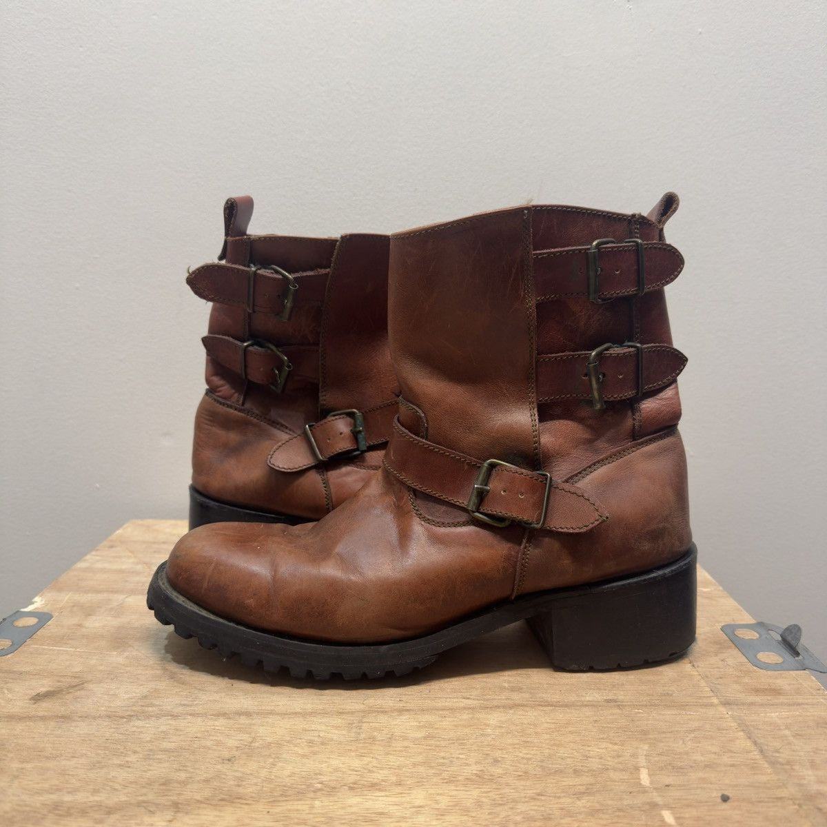 Vintage 2000s Brown Leather Triple Buckle Engineer Boots
