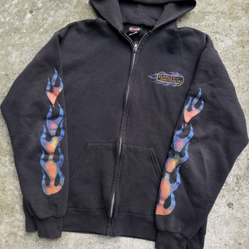 1990s HARLEY DAVIDSON FADED BLUE ORANGE FLAMES ZIP UP HOODIE