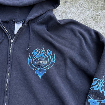 2000s HARLEY DAVIDSON FADED BLUE SKULL FLAME ZIP UP HOODIE