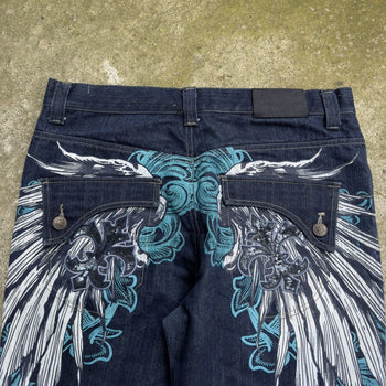 2000S Y2K RAW BLUE BAGGY CYBER WING DENIM SEQUIN JEANS