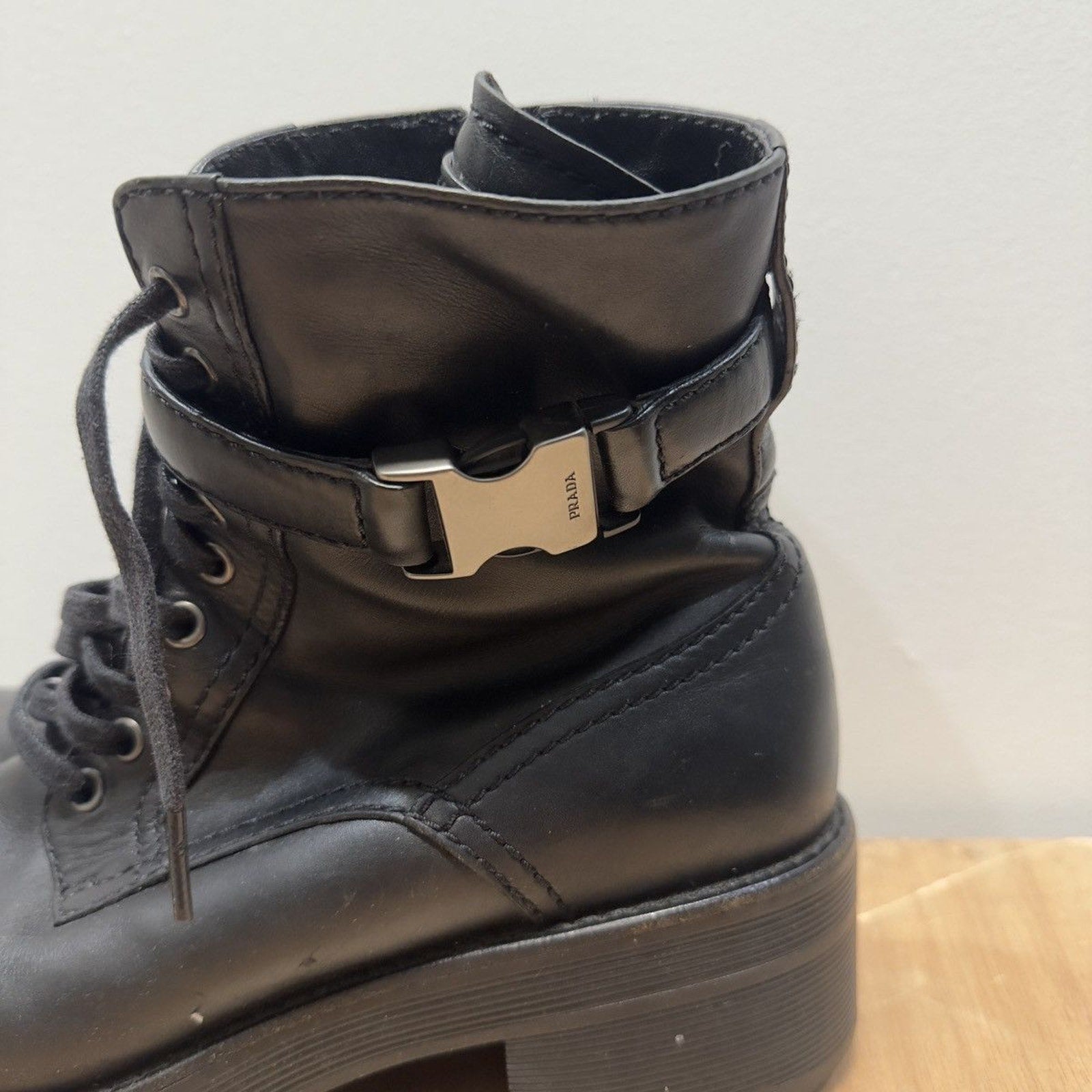 2000s Prada Sport Linea Rossa Leather Buckle Combat Boots Distressed