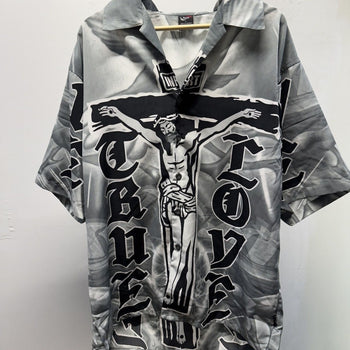 Vintage 2000s Jesus True Love Crucifix Camp Collar Shirt