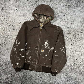 CARHARTT PAINT SPLATTERED FADED REALTREE CAMO LINED HOODED WORK JACKET