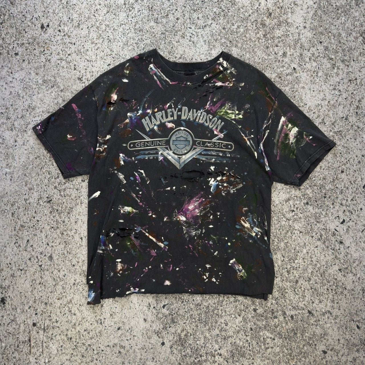 1990s Harley Davidson Thrashed Paint Splattered Tee