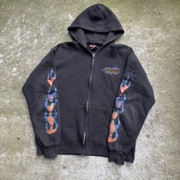 1990s HARLEY DAVIDSON FADED BLUE ORANGE FLAMES ZIP UP HOODIE