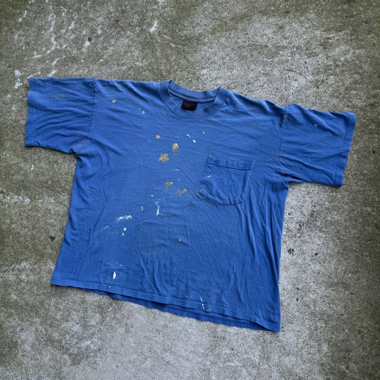 1990s SINGLE STITCH THRASHED PAINTED BLUE POCKET TEE