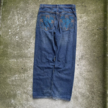 2000s Y2K BAGGY DRAGON CROSS FLAME DENIM SKATER JEANS