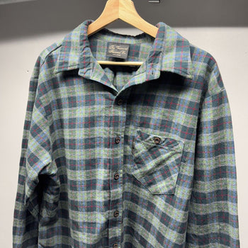 2000s Faded Blue Green Plaid Flannel Shirt