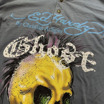 2000s Ed Hardy Faded Ghost Skull Rhinestone Henley Shirt