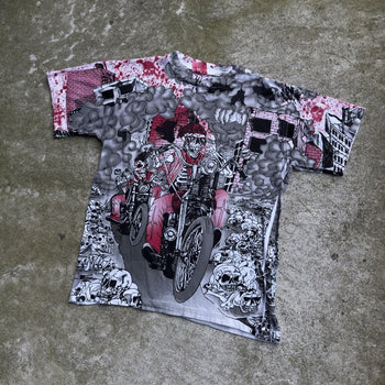 1990S SKELETON BIKER FLAME ALL OVER PRINT TEE