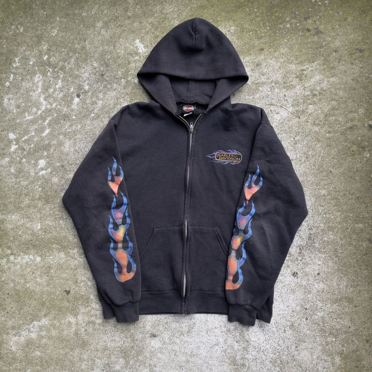 1990s HARLEY DAVIDSON FADED BLUE ORANGE FLAMES ZIP UP HOODIE