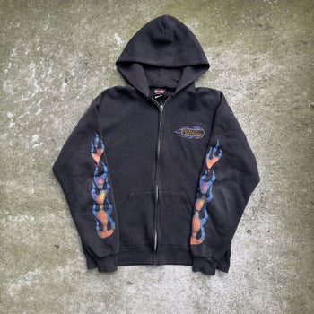 1990s HARLEY DAVIDSON FADED BLUE ORANGE FLAMES ZIP UP HOODIE