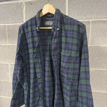 1990s Blue Green Plaid Grunge Flannel Shirt
