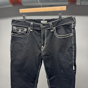 True Religion Black White Stitch Relaxed Straight Ricky Jeans