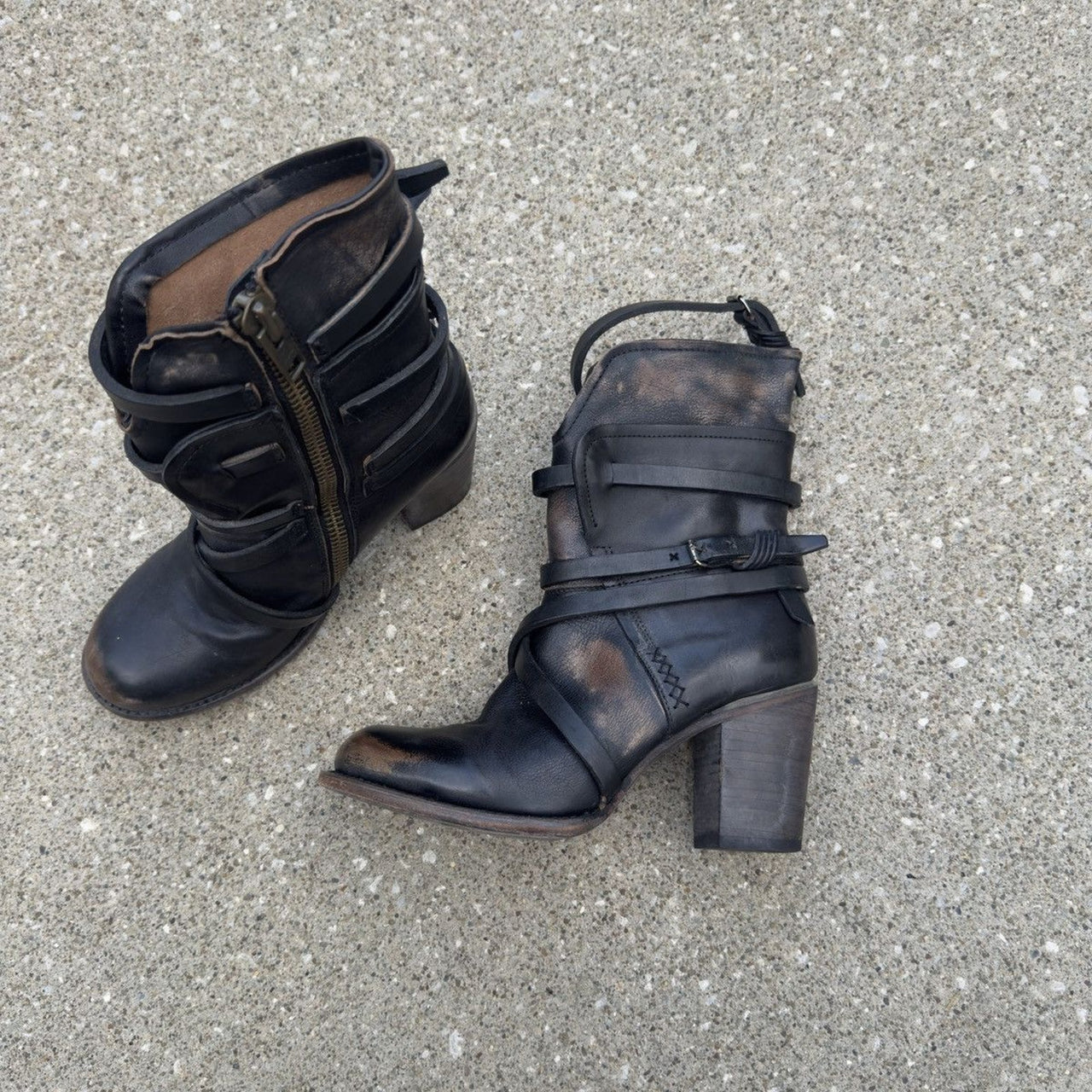 2000s Freebird Women's Lace Strap Faded Leather Boots