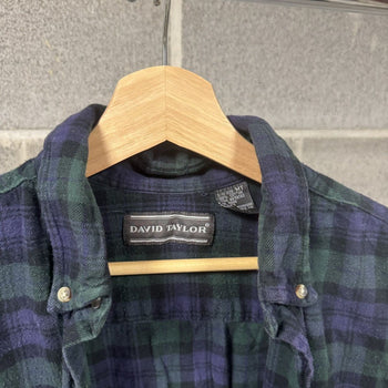 1990s Blue Green Plaid Grunge Flannel Shirt