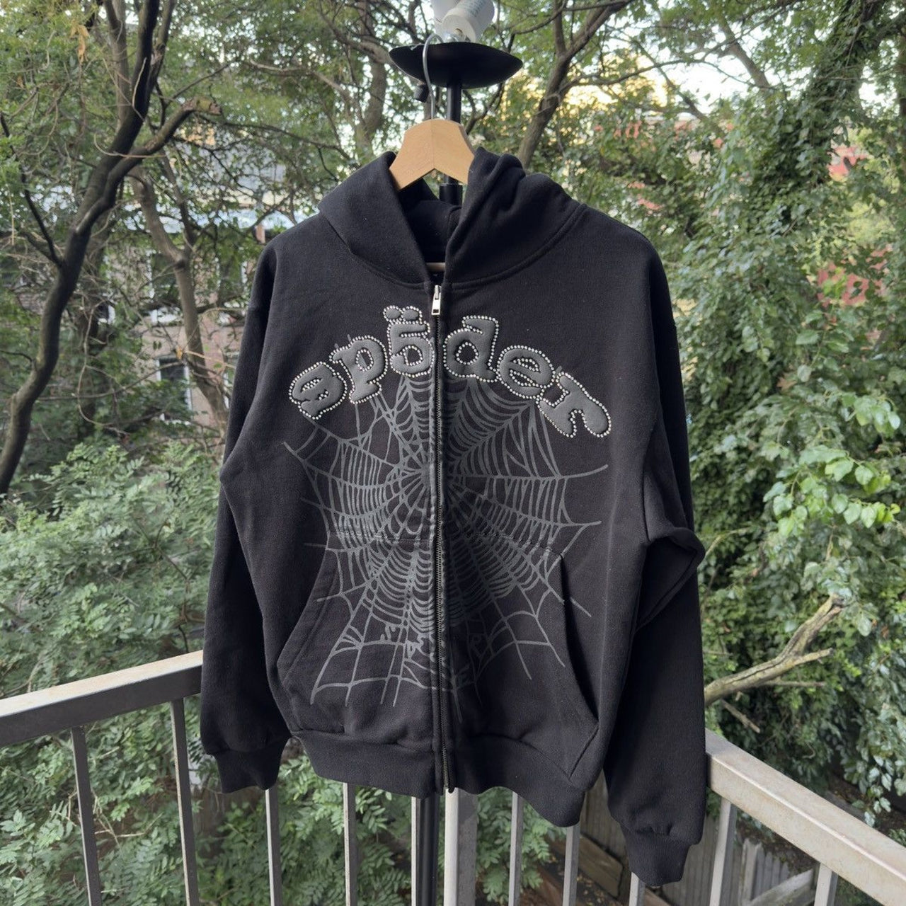 Sp5der Phantom Black Rhinestone Zip Up Hoodie SS25