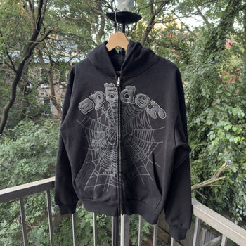 Sp5der Phantom Black Rhinestone Zip Up Hoodie SS25
