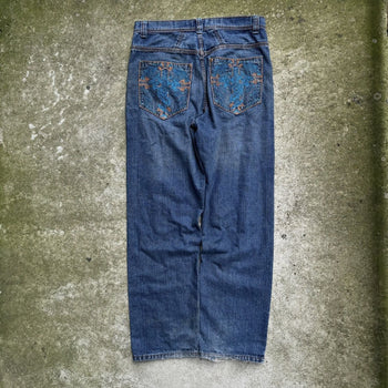 2000s Y2K BAGGY DRAGON CROSS FLAME DENIM SKATER JEANS